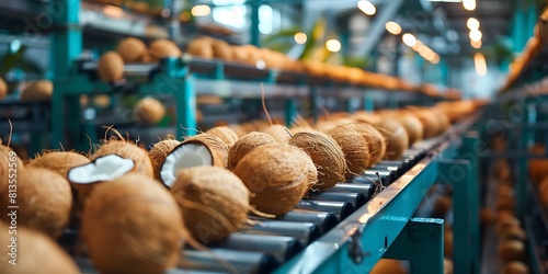 Coconuts on a conveyor belt in a food factory.