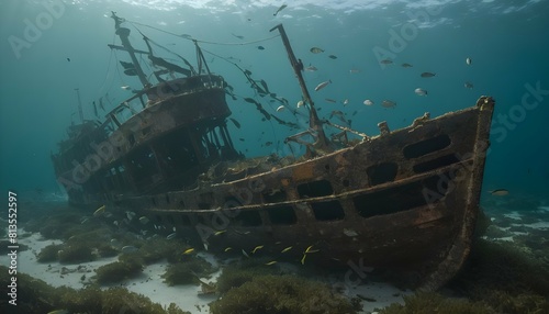 A shipwreck resting on the ocean floor surrounded