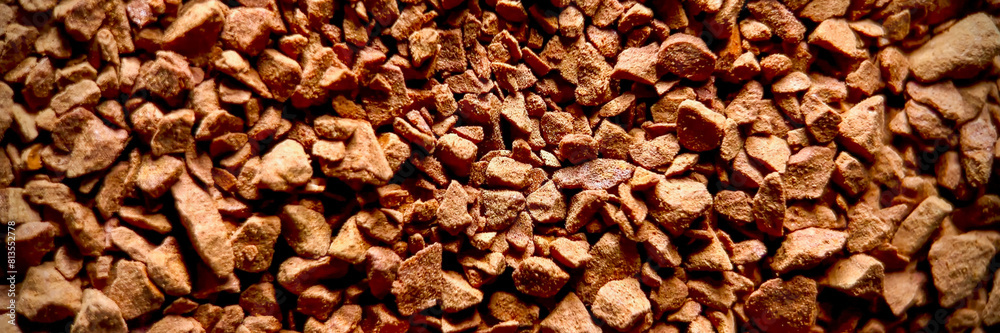 Close-up of instant coffee granules texture, ideal for food and beverage industry themes and International Coffee Day promotions Close-up of instant coffee granules texture, ideal for food and beverage industry themes and International Coffee Day promotions