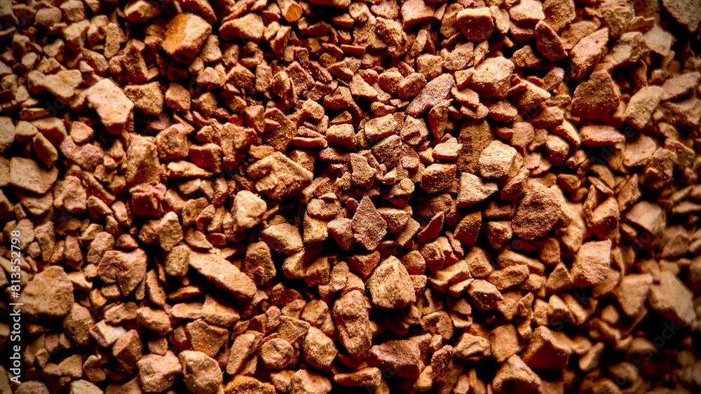 Close-up of instant coffee granules texture, ideal for food and beverage industry themes and International Coffee Day promotions Close-up of instant coffee granules texture, ideal for food and beverage industry themes and International Coffee Day promotions