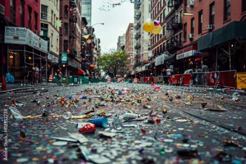 A city street after a parade or festival, covered in confetti and discarded decorations