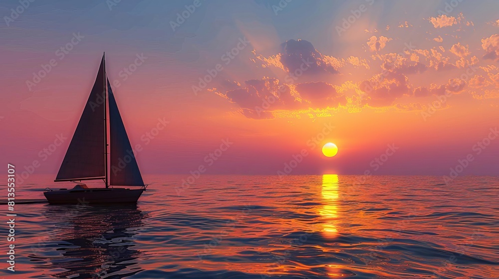 Sunset over a tranquil sea with a silhouette of a lone sailboat, vivid style