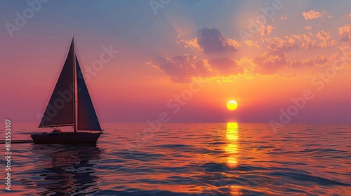 Sunset over a tranquil sea with a silhouette of a lone sailboat, vivid style © pawimon