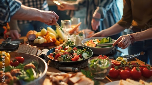 Close-up of a group of friends sitting at the table and eating healthy food