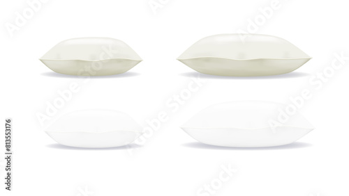 White pillow square shape top, side and front view. Realistic cushion for sleep mockups set pillow isolated on white. Vector