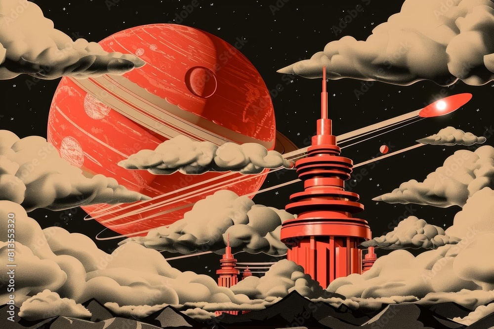 The image is an illustration of a red planet with a large ring around ...