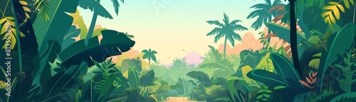 Tourist Destinations lush rainforests flat design front view jungle trek theme animation Splitcomplementary color scheme