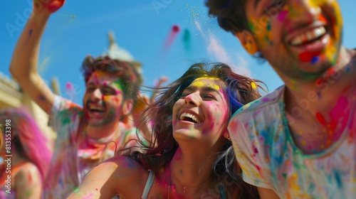 Group of young people having fun at the festival of colors Holi. Focus on the cheerful girl in the center