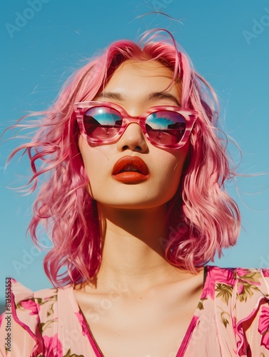  asian woman with pink hair and matching sunglasses, Generative AI