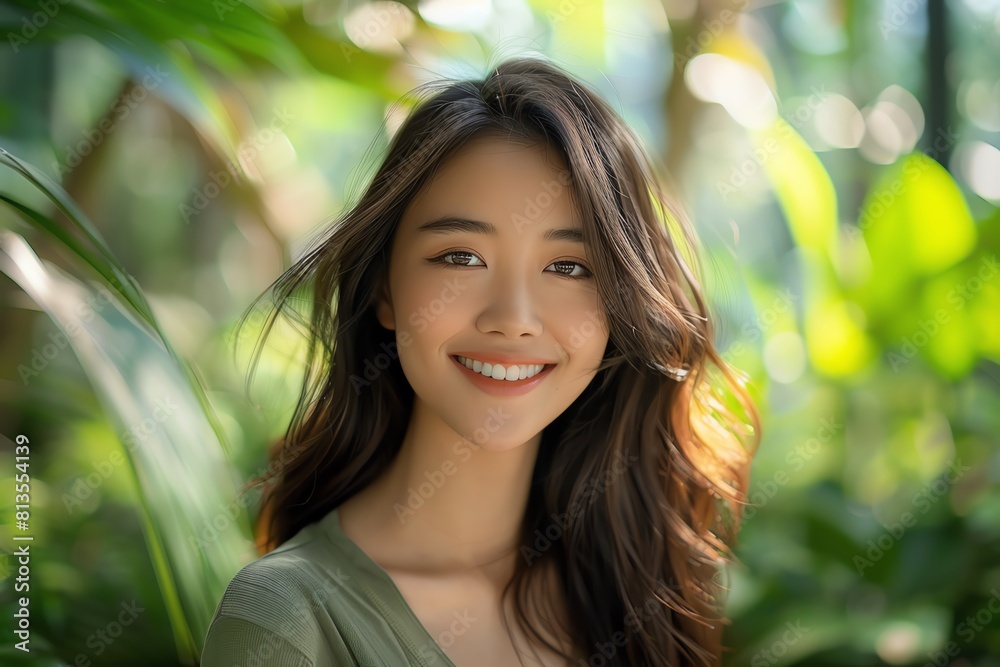 A beautiful young woman with long, flowing hair smiles at the camera A beautiful young woman with long, flowing hair smiles at the camera
