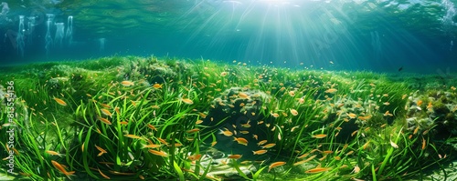 Underwater scene of a sprawling seagrass meadow  home to numerous small fish  underwater style
