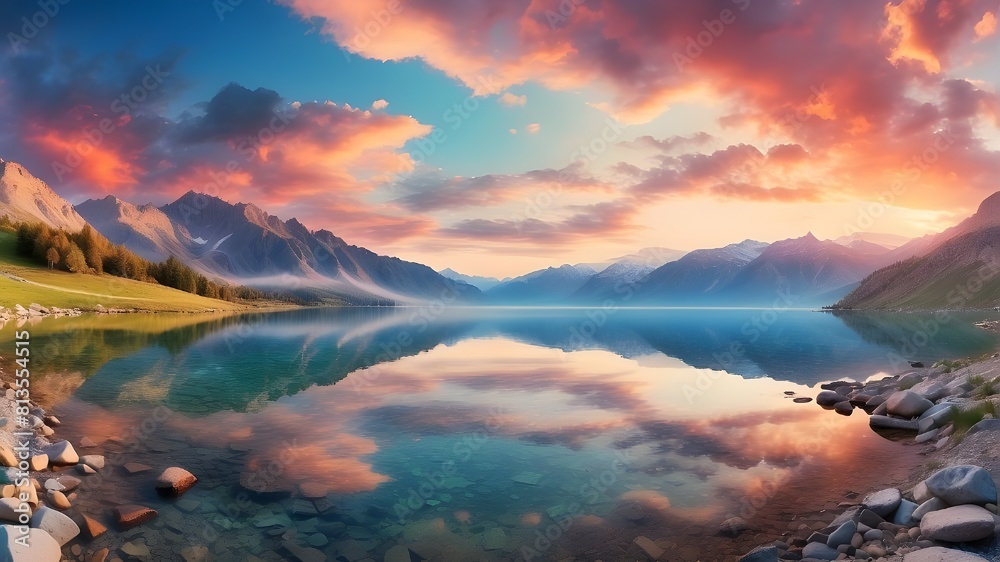 Wide Mountain Lake View. A wide panoramic photo shows a lovely alpine lake reflecting a spectacular sunset sky, resulting in a breathtaking natural landscape. Panoramic Nature Scenery