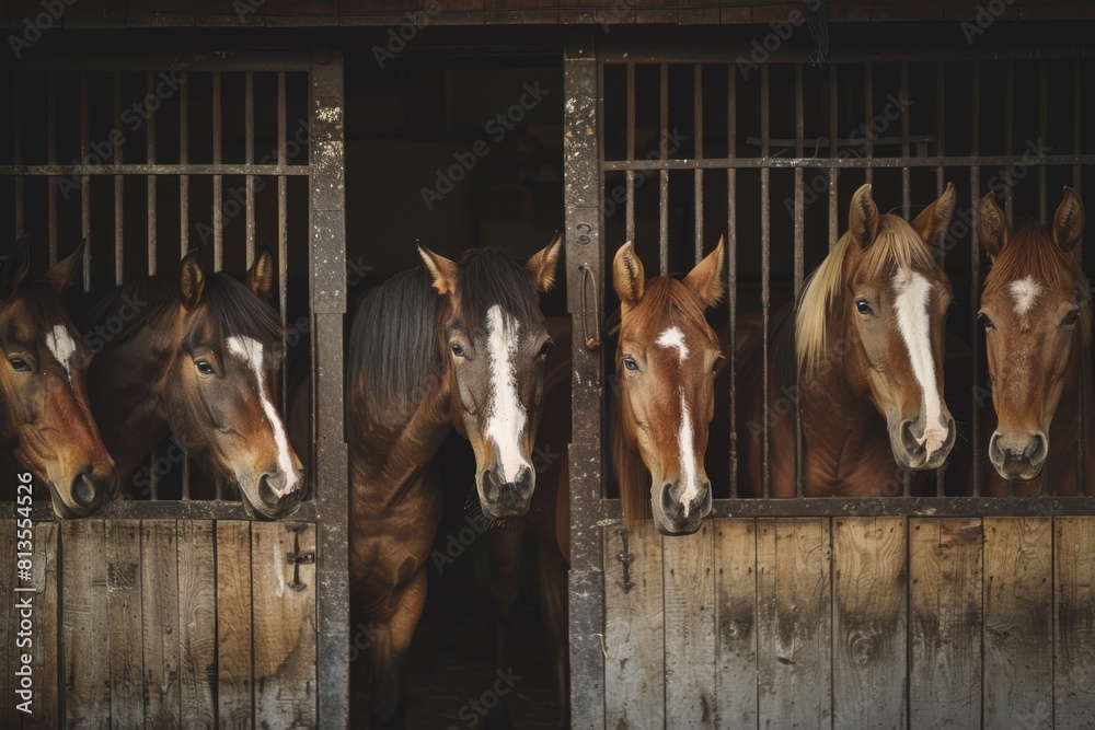 Obraz premium A group of horses congregating near the stall doors, creating a charming and dynamic composition