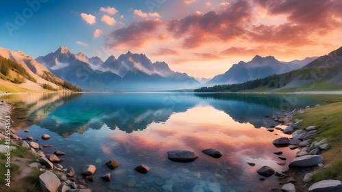 Wide Mountain Lake View. A wide panoramic photo shows a lovely alpine lake reflecting a spectacular sunset sky  resulting in a breathtaking natural landscape. Panoramic Nature Scenery