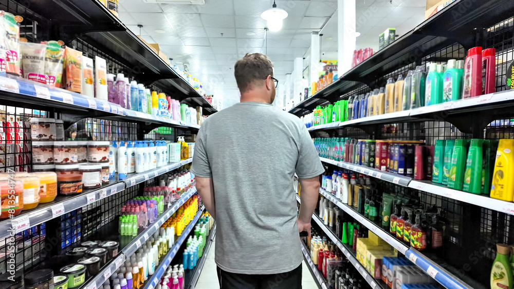 Adult shopper analyzing a variety of body care products on shelves at a supermarket, depicting everyday consumerism and retail experience