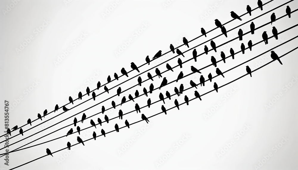 Fototapeta premium Birds on Telephone Wires: A Silhouette Against the Sky 