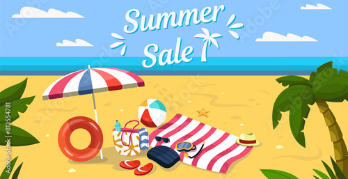 Summer beach banner. Tropical vacation poster with palm trees and ocean waves. Vector summer holiday promotion template. Umbrella with accessories as towel, bag, sunglasses and slippers