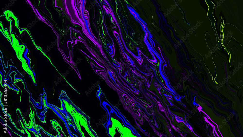 Bright fluid purple black yellow blue neon green texture background. Abstract liquid neon light wavy line. Art trippy digital glitch backdrop. Banner. Card. tech. NFT pattern. Rock. Marble texture. Bright fluid purple black yellow blue neon green texture background. Abstract liquid neon light wavy line. Art trippy digital glitch backdrop. Banner. Card. tech. NFT pattern. Rock. Marble texture.