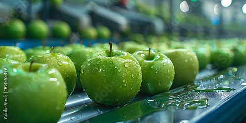 Green apples on a conveyor belt in an apple factory. Selective focus.