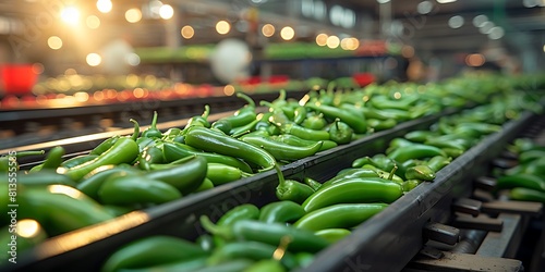 Green chilli peppers on the conveyor belt in the warehouse.