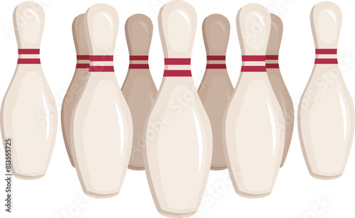 Group of bowling pins. Skittles with red stripes. Sport competition. Activity and fun game. Vector illustration 