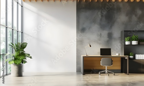 Modern office interior with work desk and laptop, panoramic window. Mock up wall