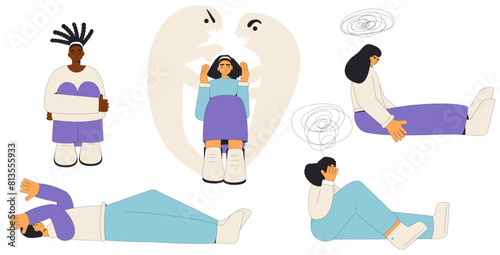 Mental disorder characters set. Young people with anxiety, fear, phobia and depression isolated on white background. Teenage girls and boy with insomnia, burnout and ADHD. Frustrated persons. 