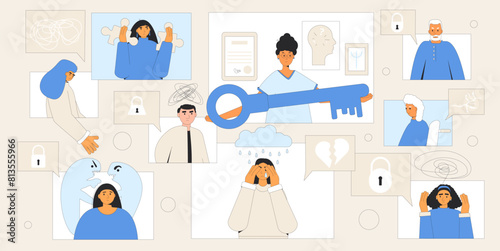 Mental illness treatment concept. Psychology consultation key. Group psychotherapy sessions. Copying strategy overcome. Vector outline illustration.