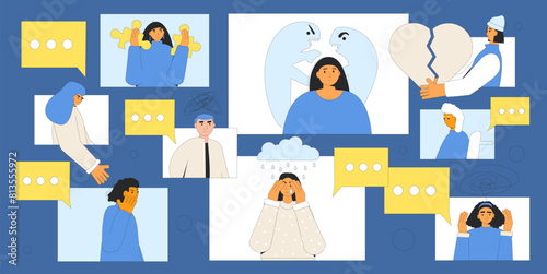 Neurodiversity concept. Mental disorder characters. Community group for support each others. Autism, adhd, PTSD and stressed tired people. Vector outline illustration.