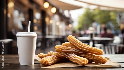 Fresh sugar churros in a paper bag on the table in an outdoor cafe. Street food. Summer, outdoor cafes and churros	 photo