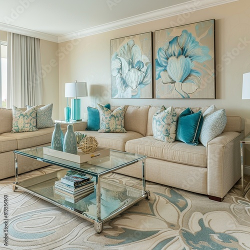 Contemporary Living Room with Turquoise Accents, Chic Sofa Set, Ideal for Modern Homes
