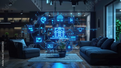 Smart home interior with floating digital symbols Seamless integration of modern technology.