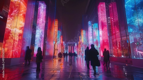 Highlight the cutting-edge technology of Quantum Plaza  where holographic billboards illuminate the walkways.