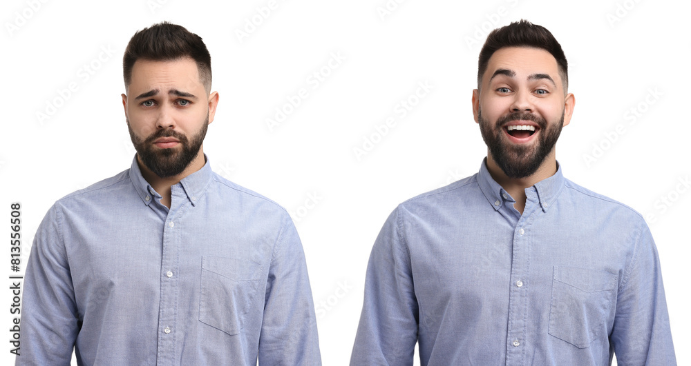 Man showing different emotions on white background, collage Man showing different emotions on white background, collage