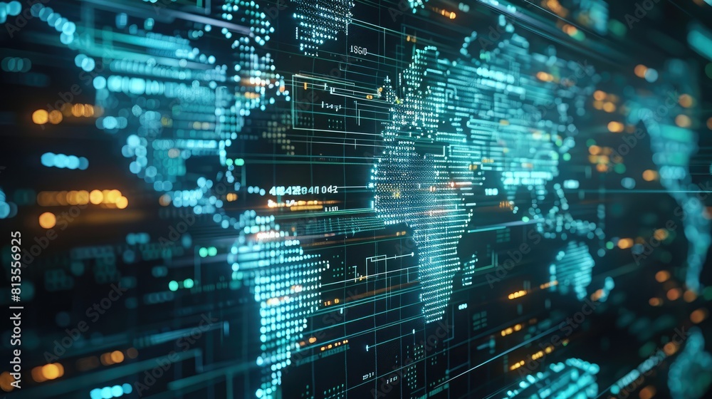 Some kind of computer program code running across the screen and superimposed on a world map. Generative AI. Some kind of computer program code running across the screen and superimposed on a world map. Generative AI.