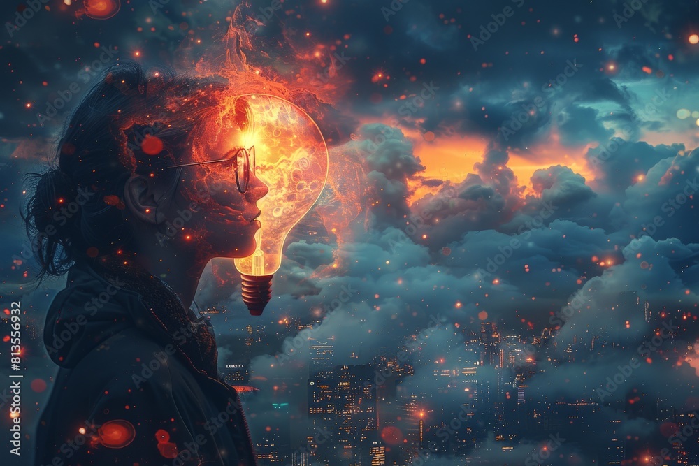Artistic depiction of a woman's silhouette with a light bulb head, set against a cloudy, starry sky Artistic depiction of a woman's silhouette with a light bulb head, set against a cloudy, starry sky