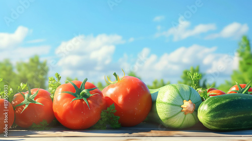 青空がコピースペースになっている新鮮な旬の夏野菜の写真背景素材_横位置_園芸、ヘルシーイメージ photo