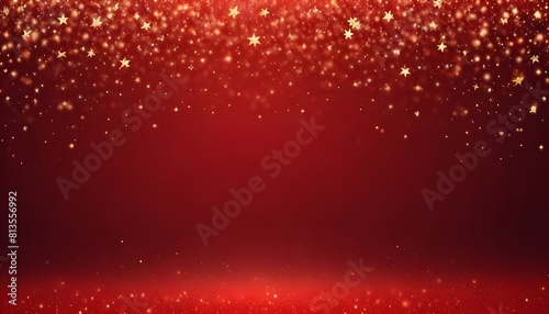 Christmas Wallpaper in red with stars and shimmering confetti. Abstract red backgrounds. Golden New Year light sparkes bokeh on a red backdrop.