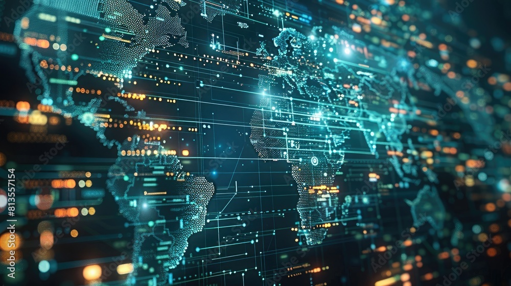 Some kind of computer program code running across the screen and superimposed on a world map. Generative AI. Some kind of computer program code running across the screen and superimposed on a world map. Generative AI.
