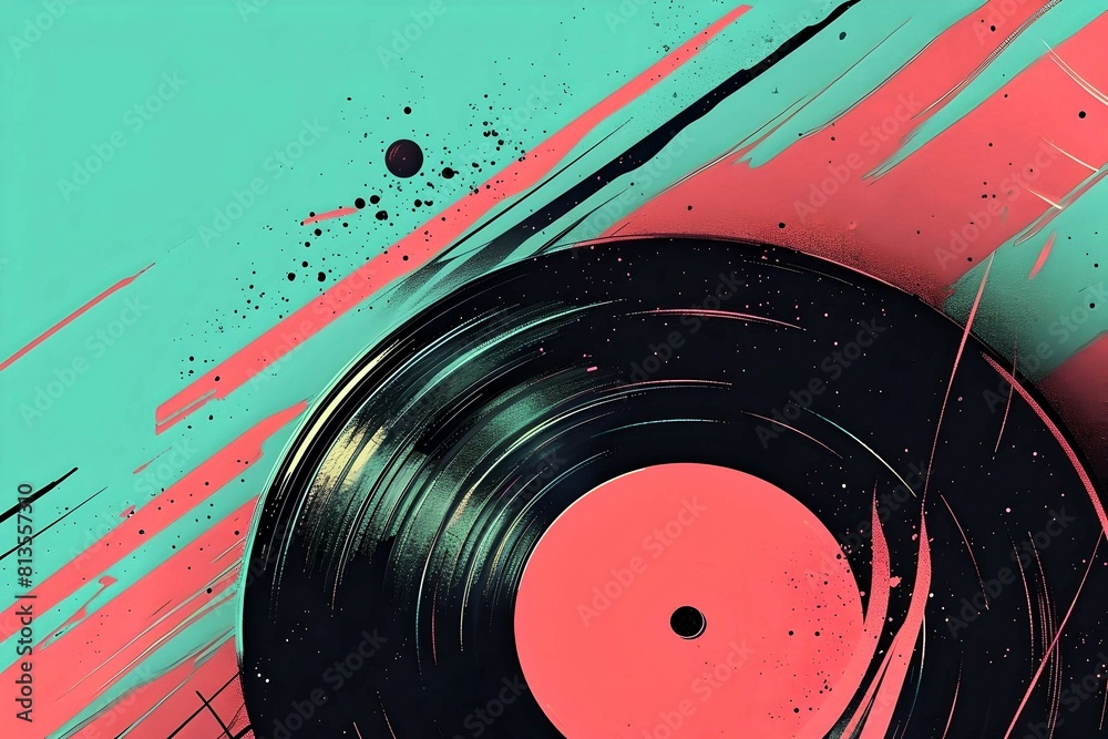 Obraz premium vinyl record with dynamic splatters and streaks on a turquoise background.