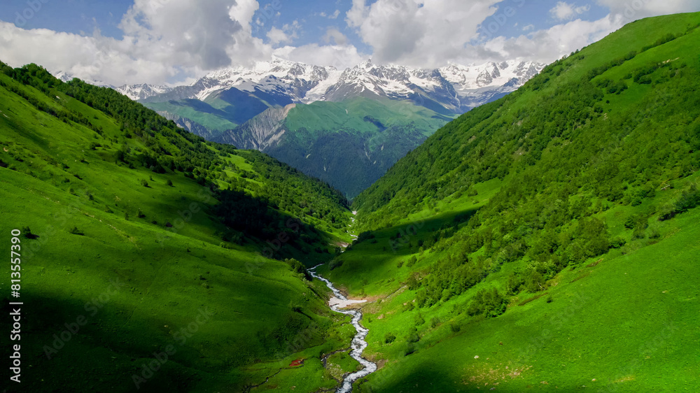 Breathtaking view of a verdant mountain valley with a winding river and snow-capped peaks, ideal for Earth Day and nature travel concepts