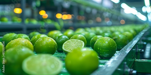 Limes on a conveyor belt at a fruit processing plant.