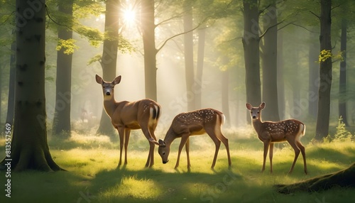 A family of deer grazing peacefully in a sunlit fo upscaled 3