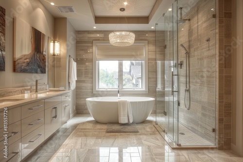 Bathroom with bathtub  window  wood flooring  and rectangular fixture