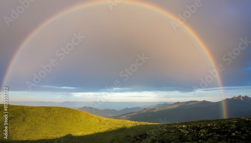 A mountain landscape with a rainbow spanning the h