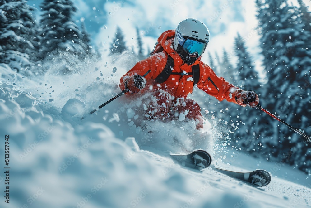 Action-packed image of a skier in bright red gear aggressively carving through the snow with trees in the background Action-packed image of a skier in bright red gear aggressively carving through the snow with trees in the background