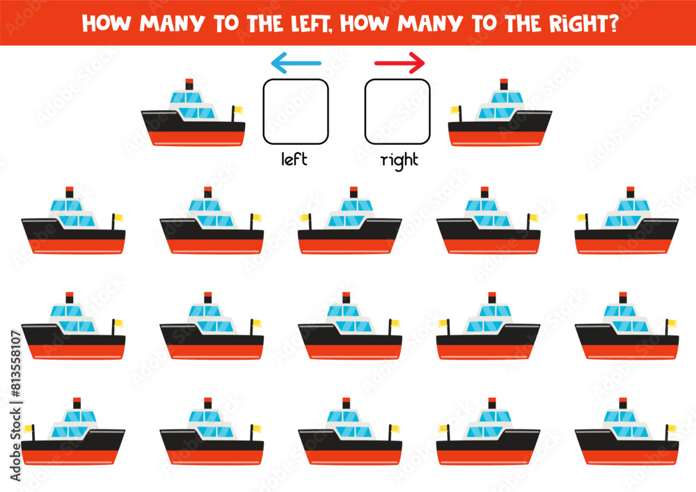 Left or right with cute cartoon toy ship. Logical worksheet for preschoolers. Left or right with cute cartoon toy ship. Logical worksheet for preschoolers.