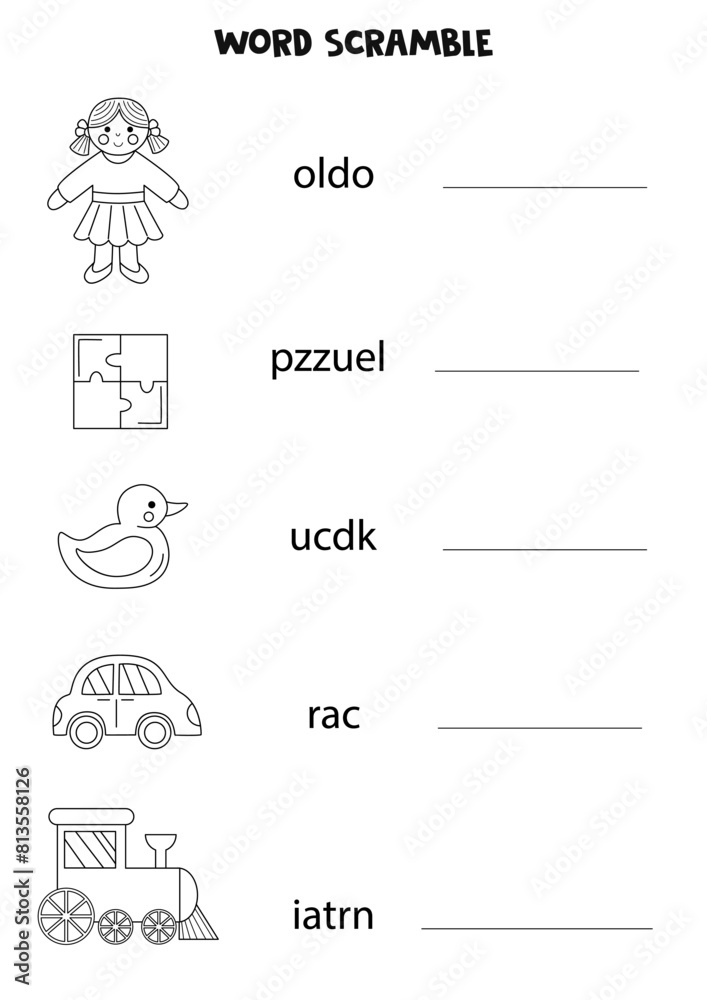 Puzzle for kids. Word scramble for children. Black and white toys. Puzzle for kids. Word scramble for children. Black and white toys.
