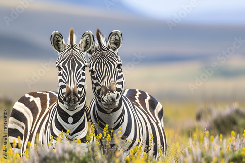Two plains zebras (Equus Burchell) in natural habitat, South Africa. © Areesha