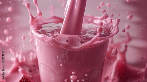 Velvety strawberry milk pouring into a glass, brimming with rosy sweetness, against a backdrop of soft pastel pink to complement its delightful flavor